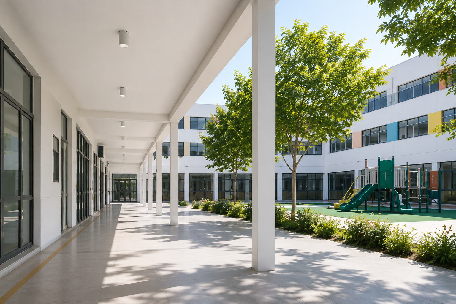 A sunlit school courtyard, covered walkway and playground