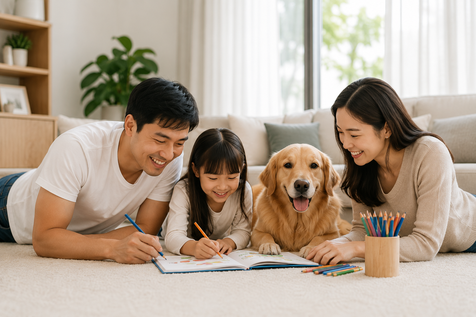A family and their dog drawing together on the living-room floor