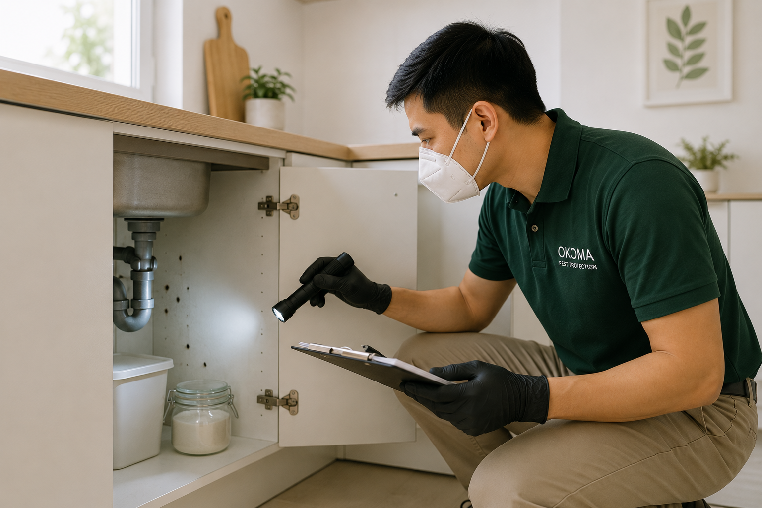 An Okoma technician inspecting a kitchen cabinet with a flashlight