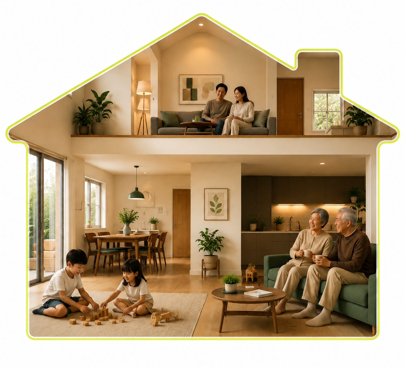 A home shared across generations — children playing, a young couple upstairs, and grandparents together downstairs