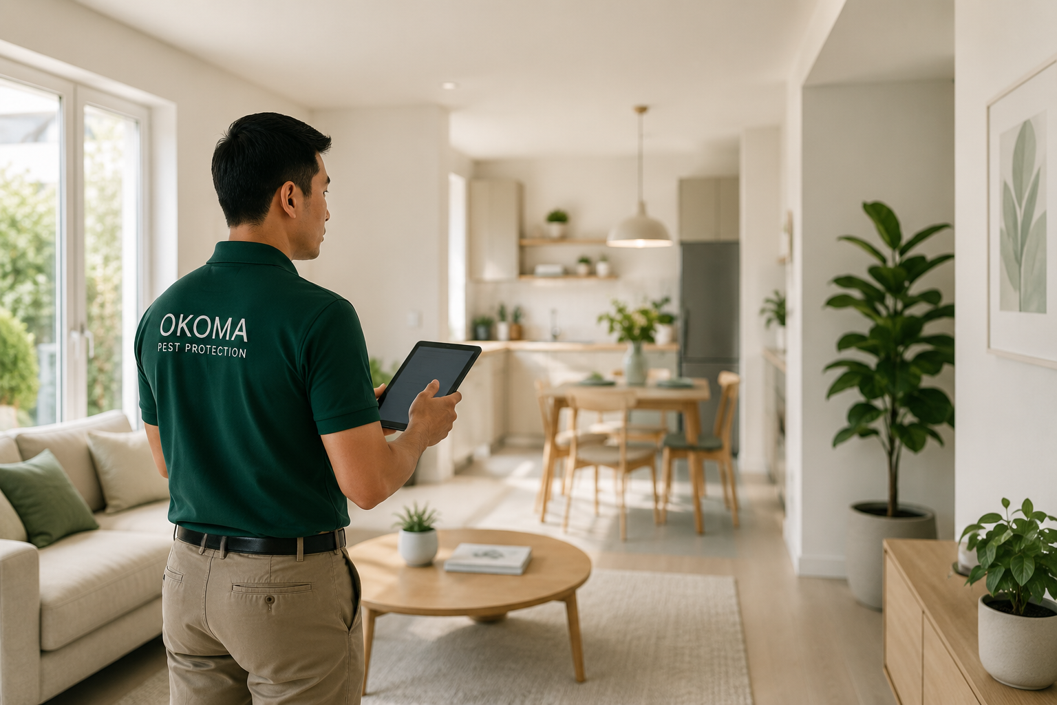 An Okoma technician reviewing a home on a tablet