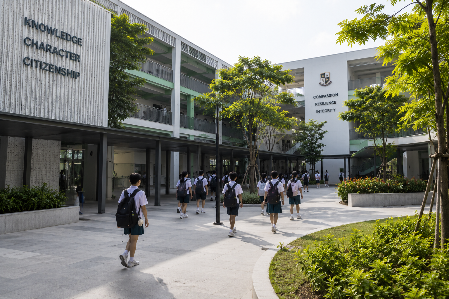 Students walking through a school courtyard